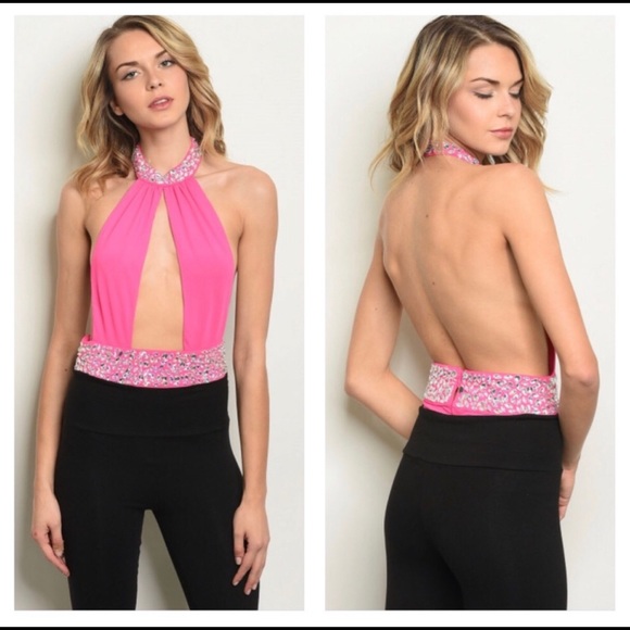 LARGE - FUCHSIA WITH STONES SEXY BODYSUIT - Picture 3 of 5